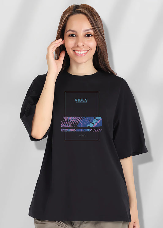 Women's Black Blue Vibes Graphic Printed Boyfriend T-shirt