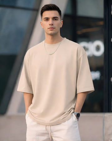 Men’s Sandstone Oversized T-Shirt | Beige Solid Premium Cotton Relaxed Fit Streetwear Tee