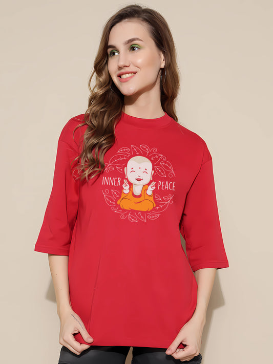 Women's Red Inner Peace Graphic Printed Boyfriend T-shirt