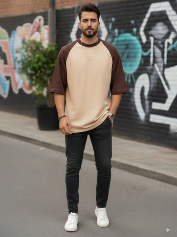 Men’s Sand & Mocha Oversized T-Shirt | Beige–Brown Contrast Premium Cotton Streetwear Tee
