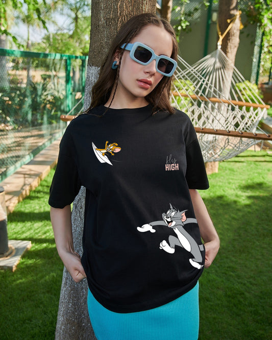 Women's Black Tom & Jerry Fly High Graphic Printed Oversized T-shirt