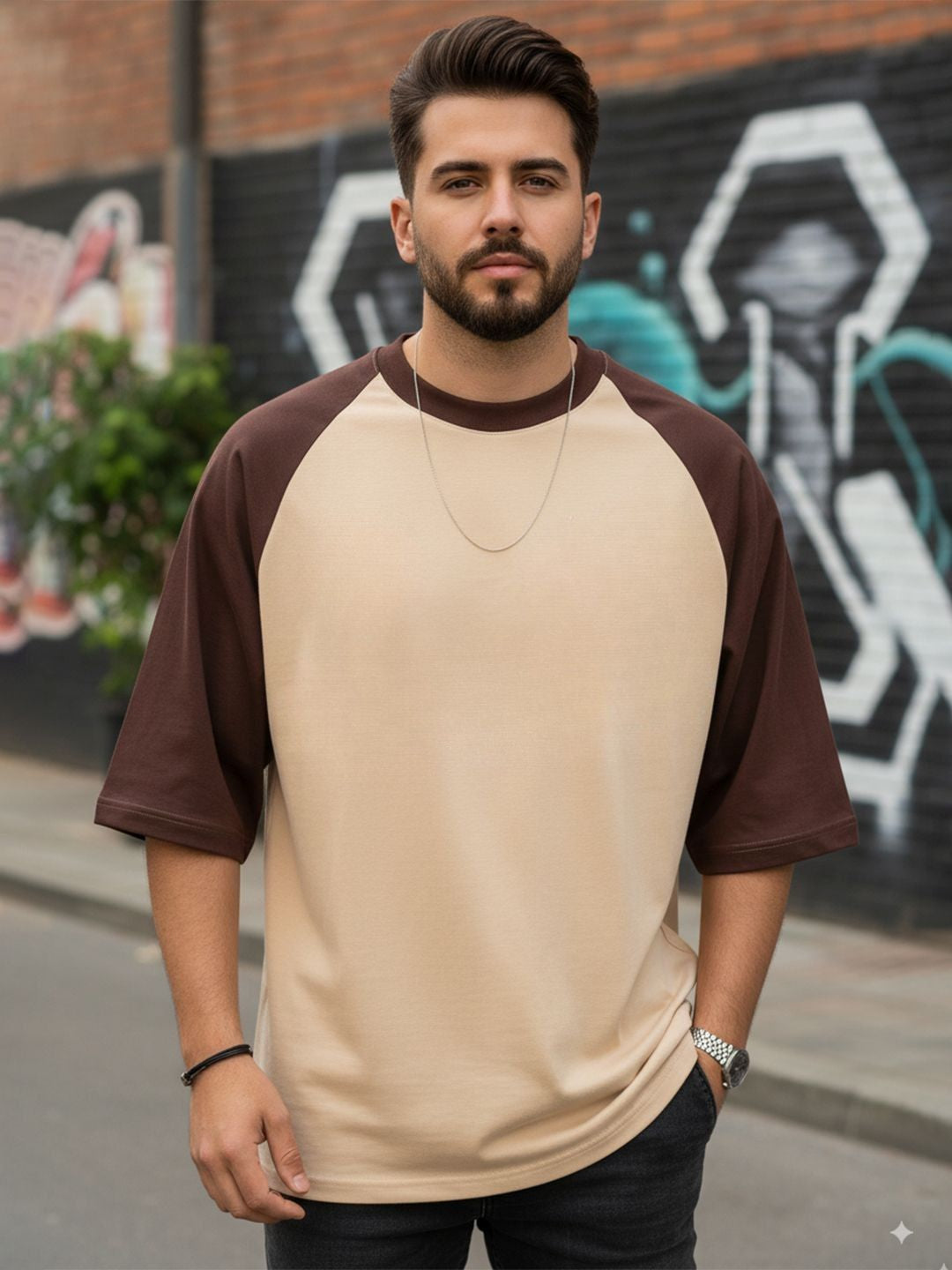 Men’s Sand & Mocha Oversized T-Shirt | Beige–Brown Contrast Premium Cotton Streetwear Tee