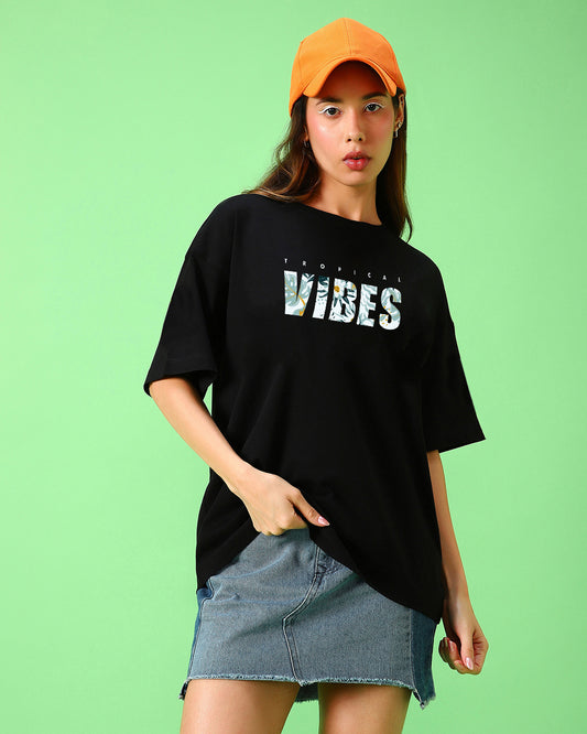 Women's Black Tropical Vibes Graphic Printed Oversized Plus Size T-shirt