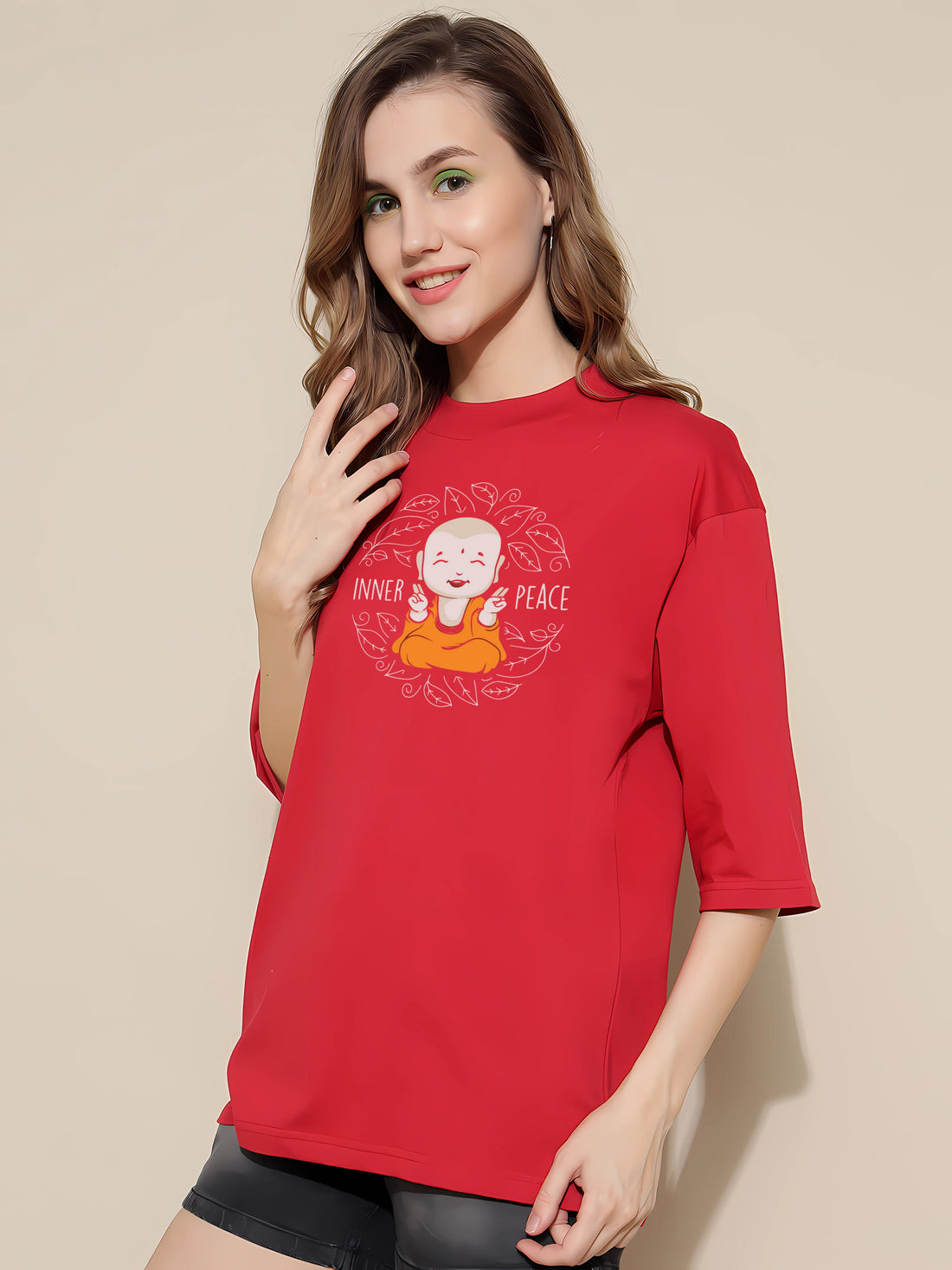 Women's Red Inner Peace Graphic Printed Boyfriend T-shirt