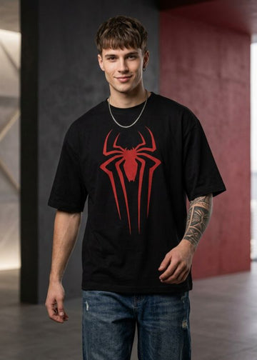 Spiderman Front Printed Black Half Sleeve Tshirt For Men