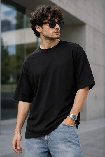 Men’s Onyx Black Oversized T-Shirt | Solid Premium Cotton Relaxed Fit Streetwear Tee