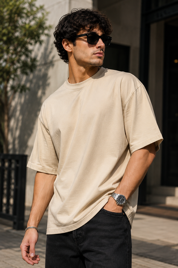 Men’s Sandstone Oversized T-Shirt | Beige Solid Premium Cotton Relaxed Fit Streetwear Tee