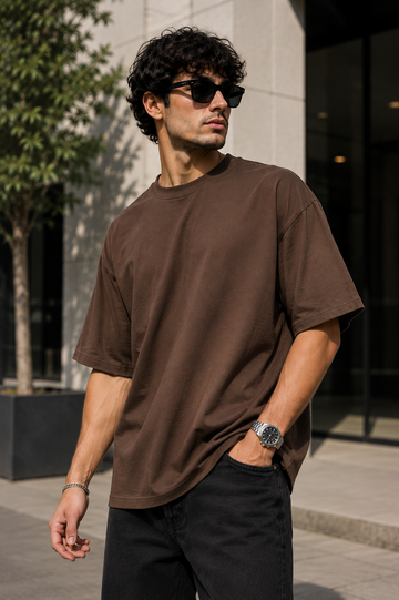 Men’s Mocha Brown Oversized T-Shirt | Solid Premium Cotton Relaxed Fit Streetwear Tee