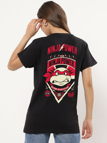 Women's Black Ninja Power Graphic Printed Oversized T-shirt