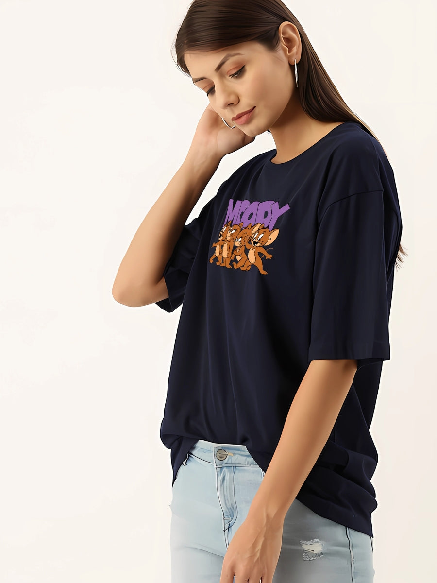 Women's Blue Moody Jerry Graphic Printed Oversized T-shirt