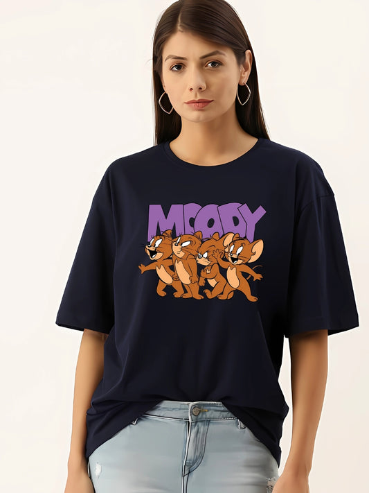 Women's Blue Moody Jerry Graphic Printed Oversized T-shirt