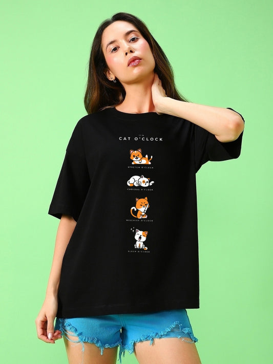 Women's Black Cat O'Clock Graphic Printed Oversized T-shirt