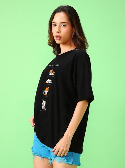 Women's Black Cat O'Clock Graphic Printed Oversized T-shirt